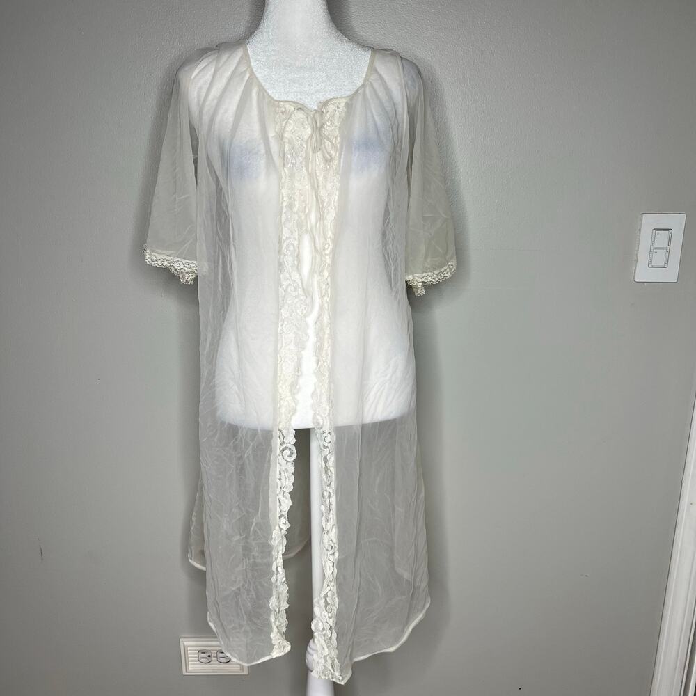 Vintage Sheer White Peignoir Nightgown Open Robe Lingerie Nightie Lace Trim Sz M